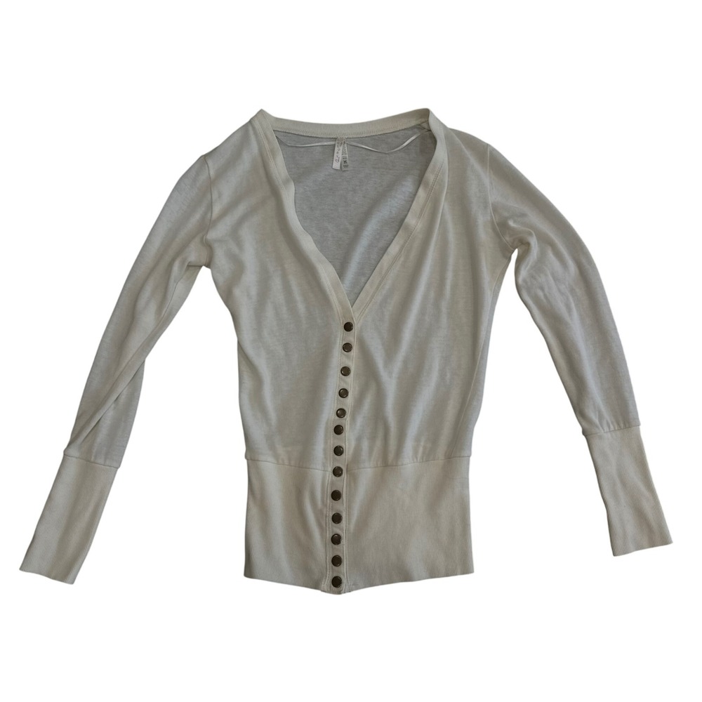 G-Story Cream Deep V-Neck Button Front Cardigan Ribbed Knit Top Size M
